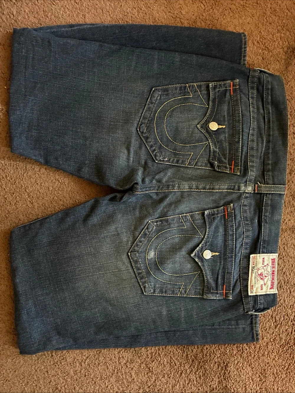 True religion Men's Dark Blue Distressed Straight-Leg Jeans 36 vtg